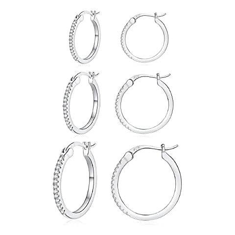 Sterling Silver Hoop Earrings -3 Pairs Hypoallergenic Silver Hoop Earrings,14K White Gold Plated Small Hoop Earrings Cubic Zirconia Silver Hoop Earrings for Women Cover