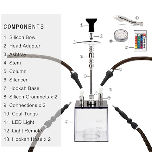 2 Hose Hookah Set with Travel Case Cleaning Brush, ASANMA Micro Cube Acrylic Hookah with Silicone Bowl Coal Tongs Magical Remote LED Light for Better Shisha Narguile Smoking - Image 6