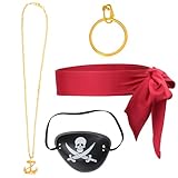 Beelittle Captain Pirate Costume Accessories Set Red Headband Pirate Skull Eye Patch Gold Earrring Necklace (Red 1)