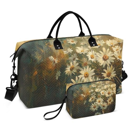 Daisies Vintage Yellow Travel Duffel Bag Gym Bag Sports Tote Bag with Multiple Interior Pockets Shoulder Weekender Bag for Women Men with Toiletry Bag 20.5”x 7.9”x 13.8”