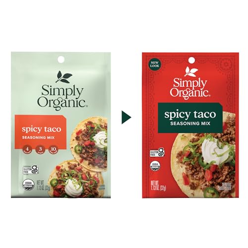 Image of Simply Organic Spicy Taco Seasoning Mix, Gluten Free, Certified Organic, Kosher, Vegan, Vegetarian, Pure Flavor for Tacos, Stir-Fries, Mexican Dishes, and More | 1.13 Ounce (Pack of 12)