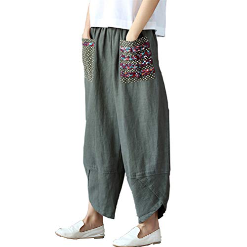Helisopus Womens Baggy Casual Trousers Cotton Linen Loose Harlan Pants Elastic Waist,Green,Tag L=