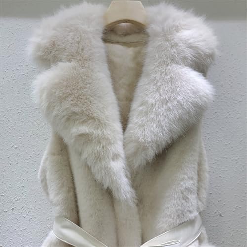 Faux Fur Long Vests for Women Casual Lapel Sleeveless Warm Gilet Fluffy Shearling Coat with Belt and Pockets4