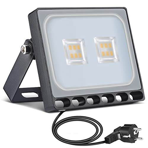papasbox 10W LED Flutlicht Flutlichtstrahler Strahler Scheinwerfer, LED Fluter Baustrahler mit Stecker Wasserdicht IP65, 3000K Warmweiß, Ideale Wandleuchte Außenbeleuchtung für Garten, Garage, Hotel