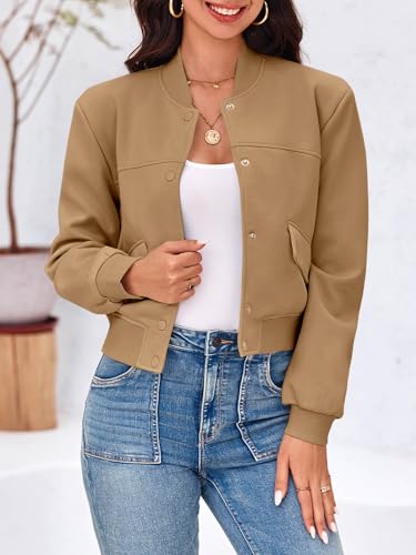 Image of Tankaneo Womens Cropped Bomber Jackets Casual Button Down Long Sleeve Stand Collar Varsity Shacket Coats