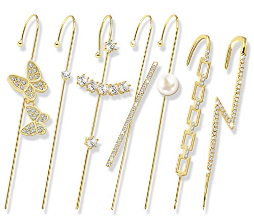 Ear Cuffs Crawler Hook Earrings for Women Gold Hypoallergenic Piercing Ear Wrap Climbers Earrings Simple Pearl Cubic Zirconia Rhinestone Hoop Earrings (L)