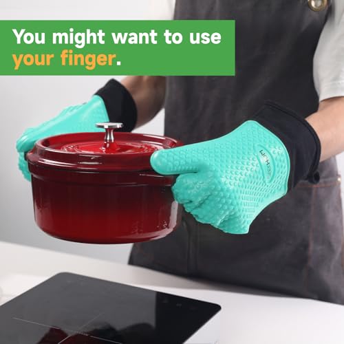 Image of GEEKHOM BBQ Gloves Heat Resistant Oven Mitts - Silicone Grilling Gloves with 13.7 inch Arm Protection - Waterproof Pot Holder Non-Slip for Men & Women, Kitchen Outdoor Cooking, Baking, Camping, Turquoise