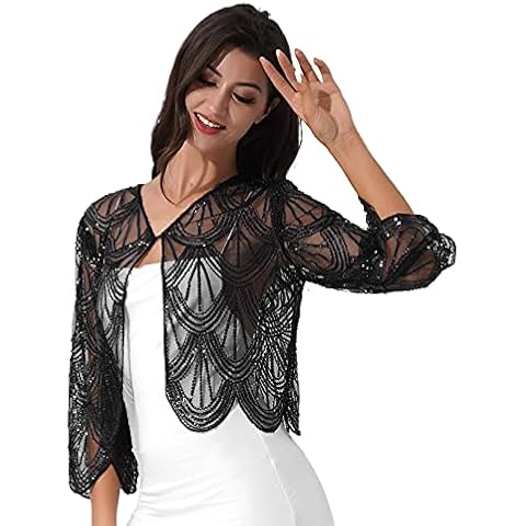 Oyolan Women's 1920s Shawl Bolero Shrug Roaring 20's Sequined Cape Fringed Flapper Dress Cover up Black One Size Cover