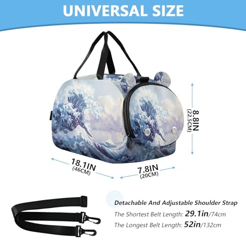YETTASBIN Sport Travel Duffel Bag for Girls Boys, Sea Waves Large Waterproof Weekender Overnight Bag, Detachable Shoulder Strap Gym Bag with Shoe Compartment & Wet Pocket3