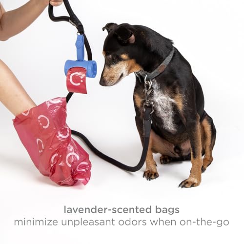 Image of Ubbi Retractable Dog Poop Bag Holder and Dispenser with Silicone Strap Leash Attachment, Includes 2 Rolls of Lavender Scented Leakproof Waste Bags, Blue