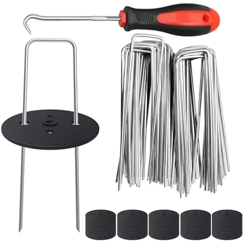MySit 50 Pack Artificial Turf Stakes Staples with 50 Landscape Staples Gasket Caps, 6 Inch Weed Barrier Stakes for Moisture Barriers,Garden Stakes Pick Hook, Garden Ground Staples for Weed Cover