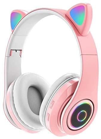 Wireless Bluetooth Cat Ear Headphones with Mic 7 Colors LED Light Flashing Glowing On-Ear Stereo Headset Compatible with Smartphones PC Tablet (Pink2)