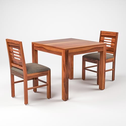 Image of Solid Sheesham Wood 2 Seater Dining Table Set with Cushioned Chairs for Dining Room | Living Room | Home & Office | Hotels Restaurant & Cafe (2 Seater, Honey)
