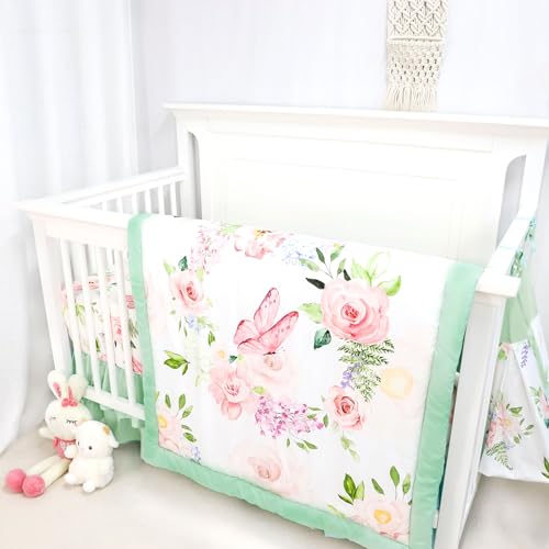 Image of 4 Piece Crib Bedding Set for Girls, Baby Girl Crib Bedding Set Butterflies Floral Nursery Bedding Set Includes Comforter, Fitted Crib Sheet, Crib Skirt, and Diaper Stacker, Green & Pink | Garden Theme