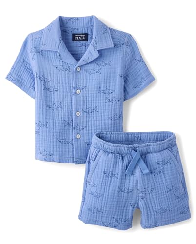 Image of The Children's Place Baby Boys' And Toddler Gauze Short Sleeve Shirt and Shorts, 2 Piece Outfit