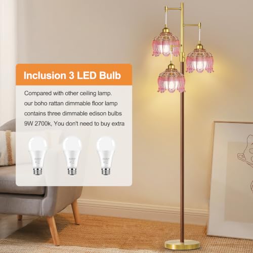 Image of Vintage Floor Lamps for Living Room 3 Light Glass Floor Lamp with Pink Glass Lampshape, Dimmable Flower Floor Lamp Gold Mid Century Modern Standing Lamp Tall Tree Wood Floor Lamp for Bedroom Corner