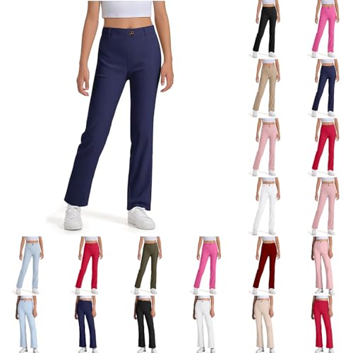 Kids Girls Flare Leggings Dress Pants School Uniform Buttons Trousers High Waist Stretchy Flat Front Bell Bottom Pants
