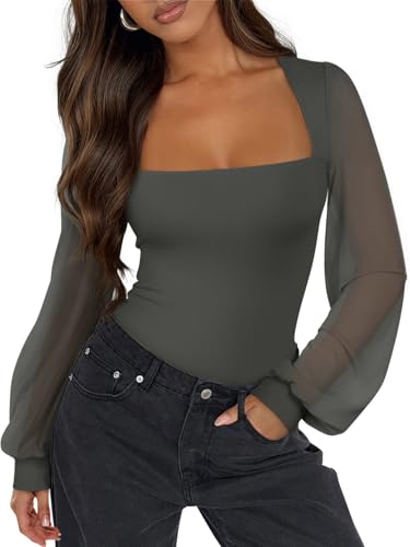 Image of PINKMSTYLE Women's Square Neck Double Lined Mesh Long Sleeve Bodysuits | Sheer Puff Sleeve Body Suit,Slim fit Trendy Going Out Tops,Concert Outfit