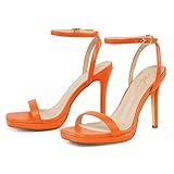 Women’s Stiletto Strappy Heeled Sandals, 4.3 Inch Square Open Toe Sexy High Heels Ankle Strap Buckle Heels for Party Wedding Dress Daily Wear Shoes Orange Size 8.5