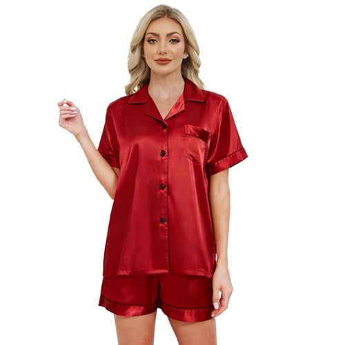La Mejor Lista de Pijamas de Moda comprados en linea. 46 Tefola Pijama de Mujer de Satén de Seda Sintética- Pijama de Seda Satinada con Mangas Cortas y Botones, Ropa de Dormir, Pijamas de Dos Piezas (Rojo Chico)