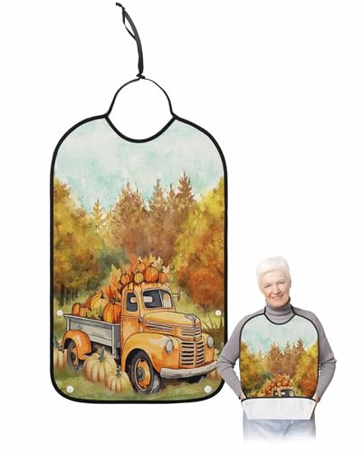 Orang Pumpkin Truck Adult Bib for Adults Men, Women, Fall Thanksgiving Farmhouse Washable & Adjustable Terry Cloth Bib with Crumb Catcher Reusable Waterproof Clothing Clothes Protector Apron