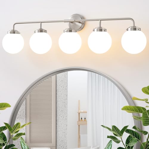 Image of Bathroom Light Fixtures 39in 5-Light Brushed Nickel Vanity Light for Mirror | Bathroom Lighting Fixtures over Mirror, ETL, Brushed Brass Wall Sconce, Dimmable E12 Base Max 60W, Milky Glass Ball Shades