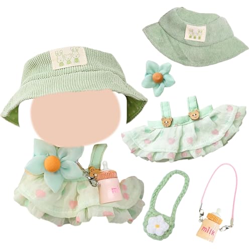 17cm Puppenkleidung Sommer Jugend Puppenkleidung Zubehör Set mit 1 Grünes Band Kleid 1 Sonnenschirm Hut 2 Süße Taschen für Mädchen Kinder Geschenke Ohne Puppe