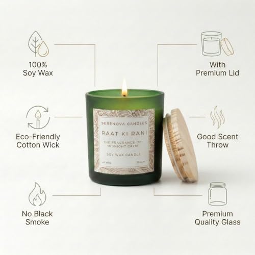 Image of Serenova Candles RAAT KI Rani Aromatherapy Candle, Organic Soy Wax, Handpoured and Handmade, 350gm, 40 Hours Burning Time