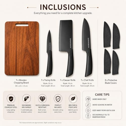Image of Kitchen Knife Set with Wood Chopping Board (3+1) Ultra Sharp Steel Black Coated Blade with Cover & Anti-Slip Handle | Effortless Cutting | Durable Knife-Friendly Serving & Cutting Board | Ultra-Sharp Blades, Chef, Meat Cleaver & Utility Knife, Eco Friendly Multipurpose Cutting Board, Premium Quality