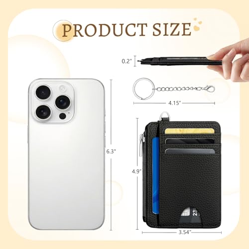 Image of Black Minimalist Credit Card Holder Small Wallet Women, Business Slim RFID | Keychain, Zipper Coin Pocket, Front Pocket Thin Travel Card Case, Minimalist, 6 Card Slots, 1 ID Window, Ladies Gifts Woman