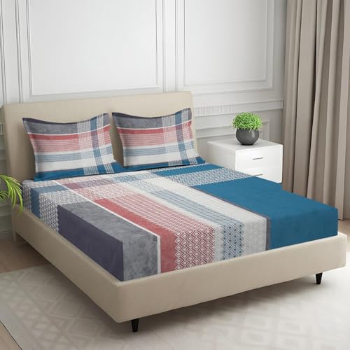 Image of Signature Digital Print Geometric Designs Super King Size Bedsheet - 108 x 108 inches | 100% Cotton-Feel Soft Fabric | Fade-Resistant Colors | 2 Matching Pillow Covers (Weave Stripes)