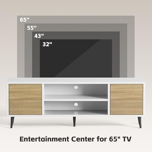 Image of JUMMICO TV Stand for 65 Inch TV, Mid Century Modern TV Stand, Entertainment Center with Storage Cabinet and Open Shelves, TV Console Table Media Cabinet for Living Room, and Bedroom (White)