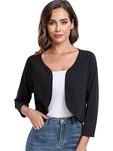 Women's Bolero Shrug Crop Cardigan Open Front Knit Sweater 3/4 Sleeve Tops