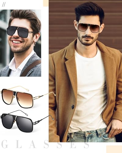 Image of Frienda 3 Pairs Retro Sunglasses for Men Oversized Men Shades Glasses Fashion Alloy Metal Gold Frame Polarized Sun Glasses