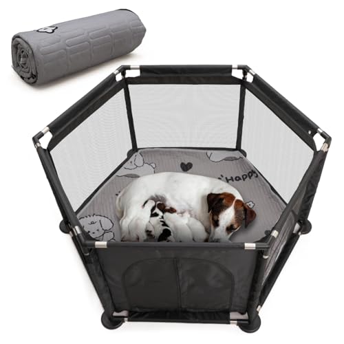 Box esagonale extra alto per cane + tappetino parto per cani grandi e piccoli, forniture essenziali 122 x 65 cm, nero