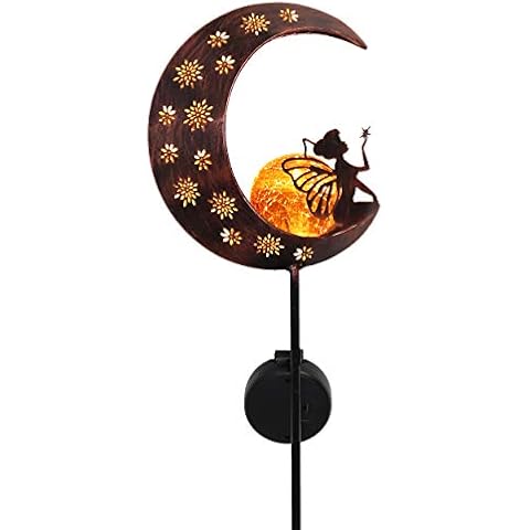 TERESA'S COLLECTIONS 100cm Metal Fairy Sitting on Moon Solar Lights for Garden Ornaments Outdoor, Solar Stake with Crackle Glass Ball for Garden Decorations, Garden Gifts for Patio Lawn Yard Pathway Cover