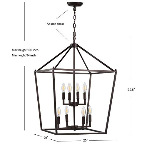 Image of JONATHAN Y Pagoda 8-Light Pendant 20 inch Cage, Oil Rubbed Bronze | Traditional Metal Farmhouse Hanging Lantern Ceiling Fixture, Adjustable Chain Link, For Kitchen Island, LED Bulb Included