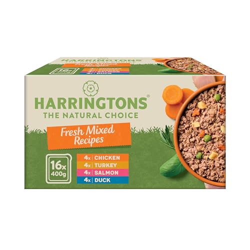 Harringtons Complete Wet Tray Grain Free Hypoallergenic Adult Dog Food Mixed Bumper Pack 16x400g - Chicken, Salmon, Turkey & Duck - Made with All Natural Ingredients, Packaging May Vary