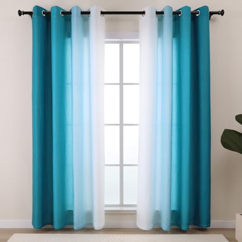 L.Z.E Lot de 2 Rideaux Opaques à œillets - Dégradé de Couleurs - Blanc Turquoise - pour Salon, Chambre à Coucher - avec œillets - 245 cm de Long -...
