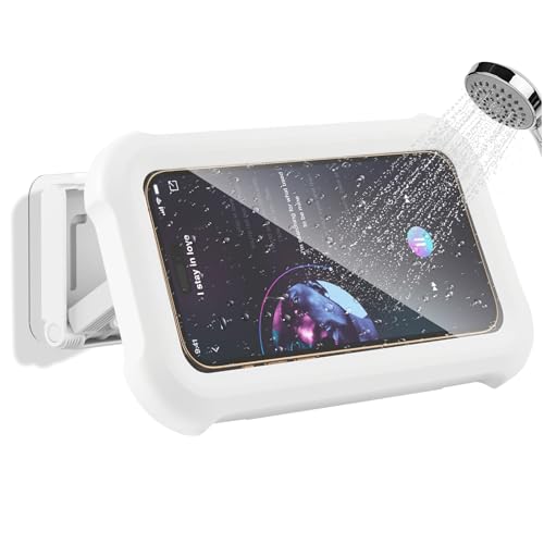 aceyoon Funda Móvil para Ducha Impermeable, Soporte para Ducha Ajustable en 360°, con Pantalla Táctil HD, Soporte de Pared para Móvil para Baño y Cocina, Apto para Móviles de Menos de 17,3 cm, Blanco