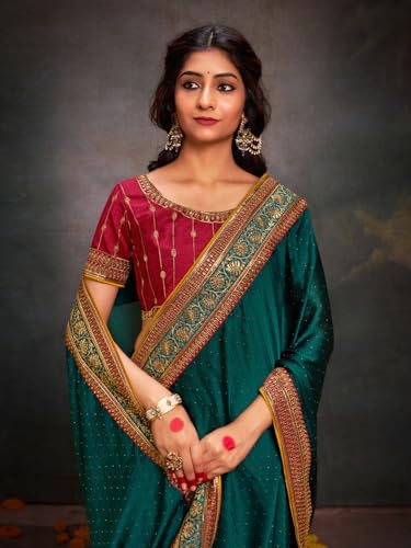Image of AKHILAM Women's Pink Satin Silk Embroidered Saree with Unstitched Blouse Piece (SANCHI3001 SUM Parent)