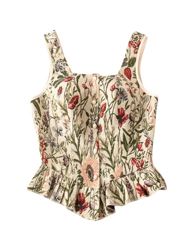 GORGLITTER Women's Renaissance Top Floral Corset Tank Tops Square Neck Vintage Button Up Crop Bustier Tops