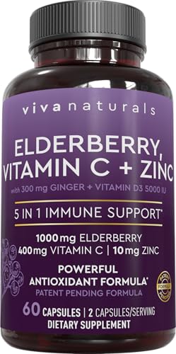 Viva Naturals Black Elderberry 1000mg with Vitamin C, D3 5000 IU & Zinc - 5-in-1 Immune Support Supplement for Adults, Sambucus Elderberry Capsules with Ginger for Men and Women, (60 Capsules)
