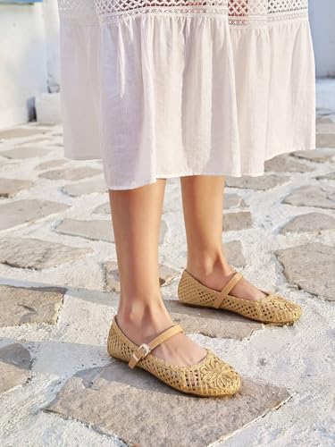 Image of Coutgo Womens Mary Jane Woven Flats Round Toe Ballet Flats Dressy Comfortable Slip On Shoes