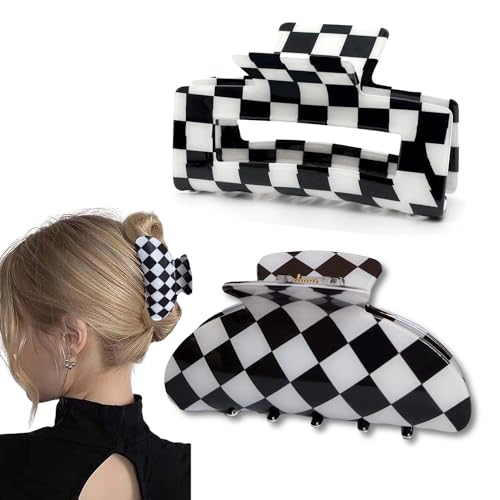 Checkered Black and White Large Claw Clips, 2-Pack