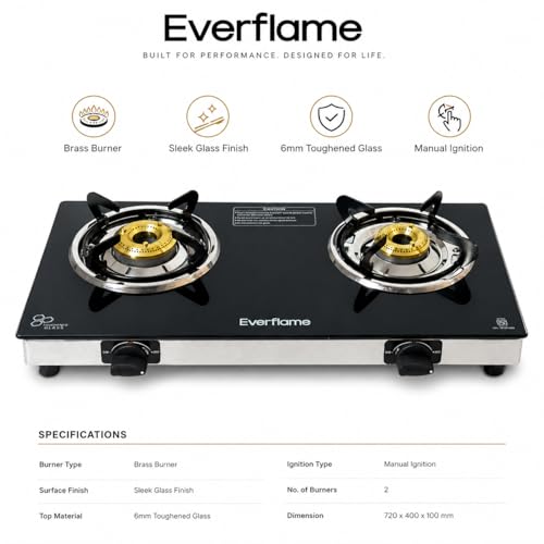 Image of Everflame Iris 2 Burner Gas Stove | Manual Ignition | LPG Gas Stove | SS Frame | Heavy Brass Burner | Toughened Glass | Modern Kitchen Slim Cooktop | 2 Years Product Warranty + Doorstep Service