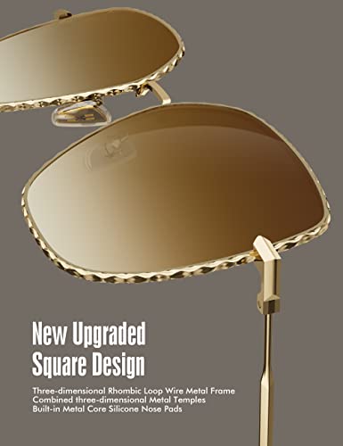 Image of LUENX Square Sunglasses for Women Oversized-Trendy Polygon Flat Three dimensional Rhombic Loop Wire Frame PC Lens, Gold Frame /Gradient Brown Lens,