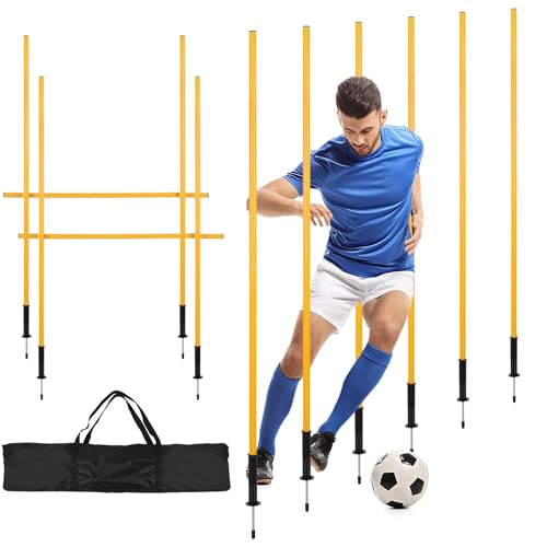 Eikuavons Slalomstangen Fussball Set, Slalom Poles 6, Horizontale Stöcke 2, 150cm Slalom Stangen mit Feder, Sprunghafte Agilität Stangen, Fussball trainingszubehör für Koordinationstraining