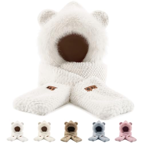 Hat Scarf Gloves Set for Women Winter, Plush Fleece Bear Neck Warmer 3-in-1 Accessory for Skiing Snowboarding