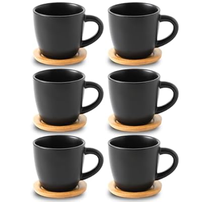 Hasense 8 oz Cappuccino Cups with Saucers set of 6, Porcelain Coffee Mugs Latte Mugs with Handle Perfect for Double Shot, Americano, Milk and Tea, Black